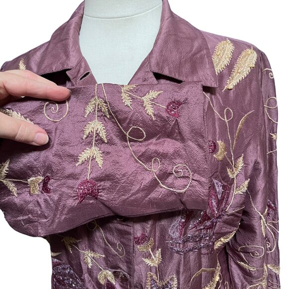 Vtg Floral Embroidered Beaded Purple Silk Button Up Jacket Spiegel Med Statement - Picture 5 of 11